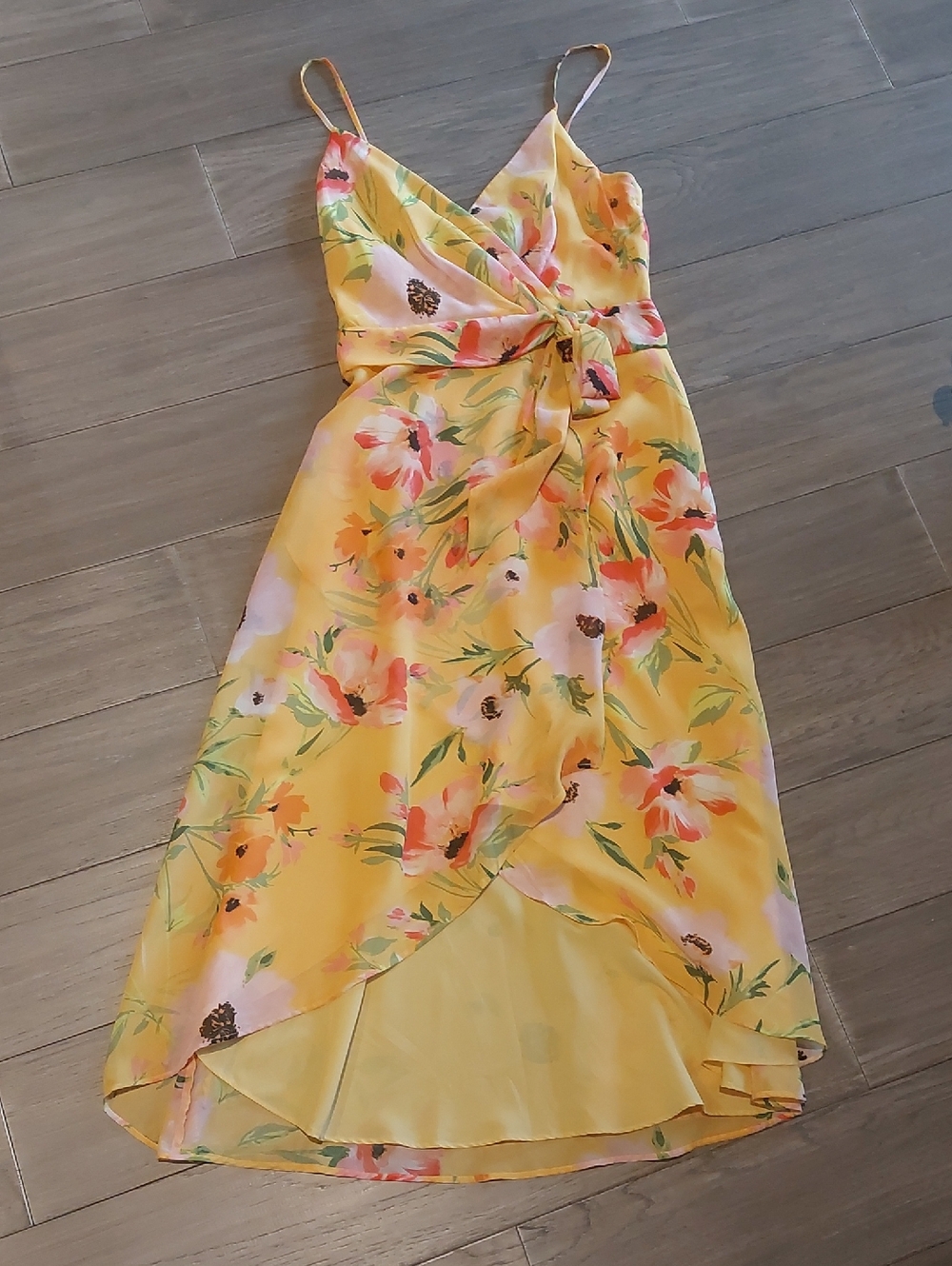 Vince Camuto Yellow Floral High-Low Wrap Dress